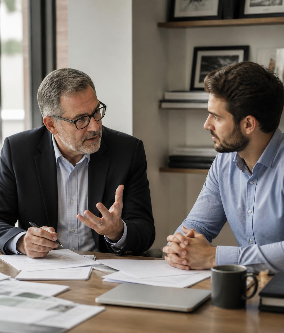 A senior insurance executive mentoring a younger professional